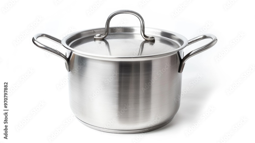 A stainless steel pot with a handle sitting on a white background A stainless steel pot with a handle sitting on a white background