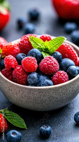 A vibrant bowl of fresh raspberries and blueberries garnished with mint, perfect for healthy eating and summer recipes.