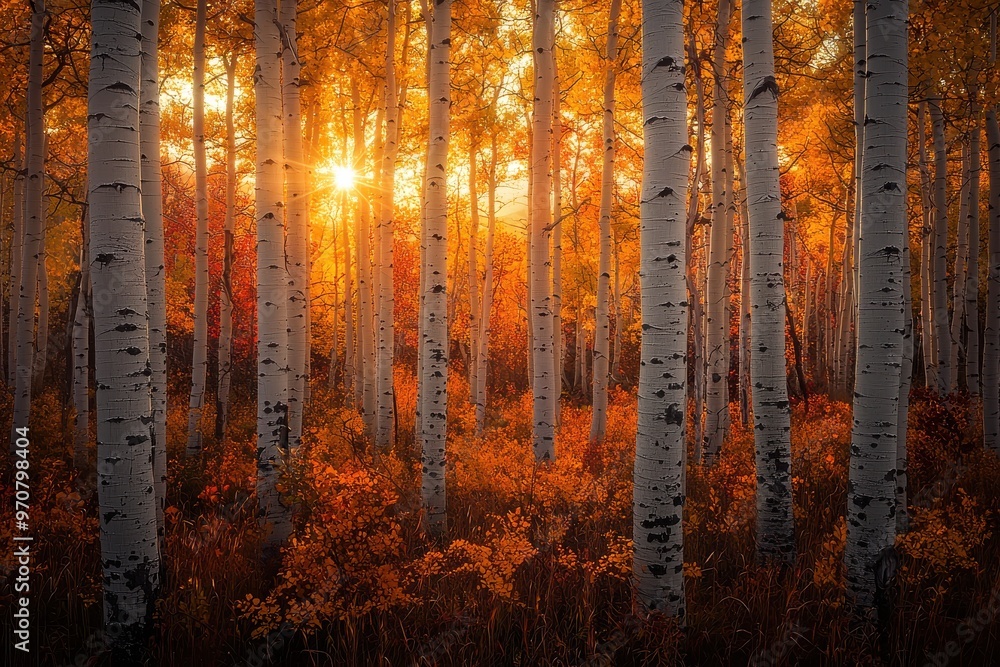 Fototapeta premium Golden autumn sunlight illuminating a grove of birch trees with vibrant orange and yellow leaves during sunset, Ai Generation