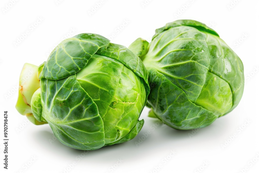 Fototapeta premium Two fresh Brussels sprouts on a clean white surface