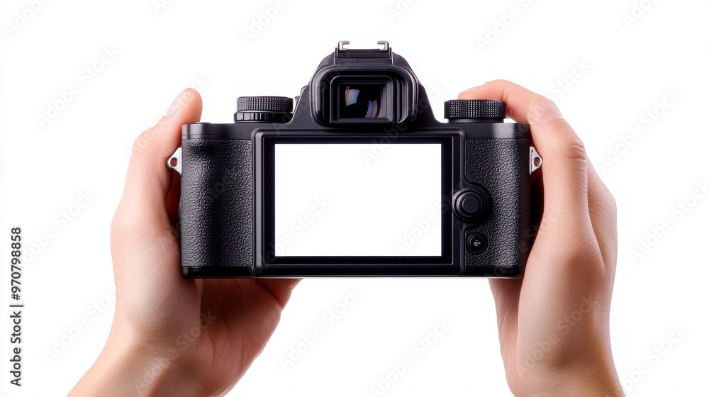 Hand holding Mirrorless camera with white screen isolated on white background. Hand holding Mirrorless camera with white screen isolated on white background.