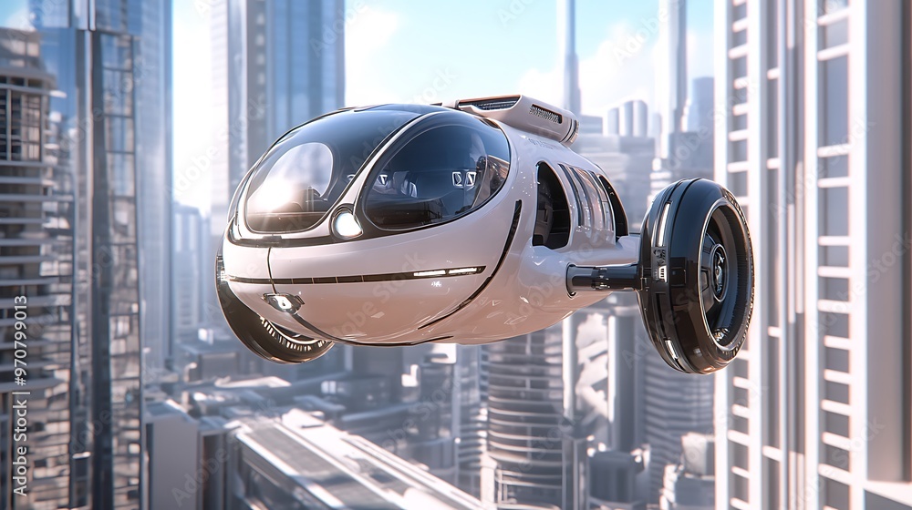 Futuristic Flying Car Soaring Above Urban Cityscape