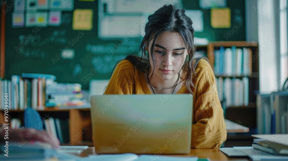 A woman sits in front of a laptop computer, focused on her work A woman sits in front of a laptop computer, focused on her work