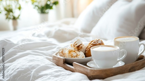 Coffee tray for breakfast in bed. Hotel food in bedroom home meal. White luxury breakfast room service. Rustic cozy morning interior life. Cup resort house accommodation