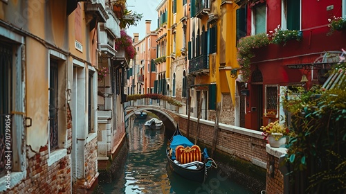 A gondola sits in a narrow canal in Venice, Italy. The canal is lined with colorful buildings and bridges. photo