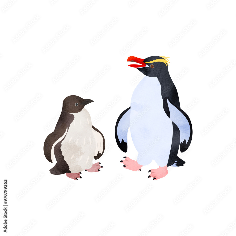 Obraz premium スネアーズペンギン（ハシブトペンギン）の雛と成鳥。水彩風イラスト。 Snares Islands penguin (Snares penguin) chick and adult. Watercolor style illustration.