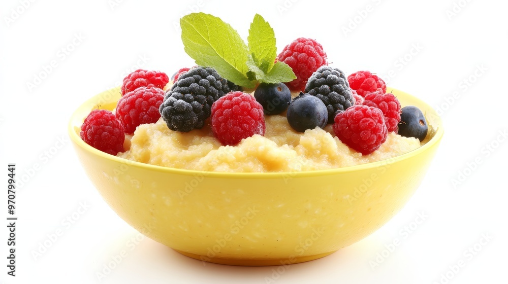 Bowl of tasty semolina porridge with fresh berries on white background Bowl of tasty semolina porridge with fresh berries on white background