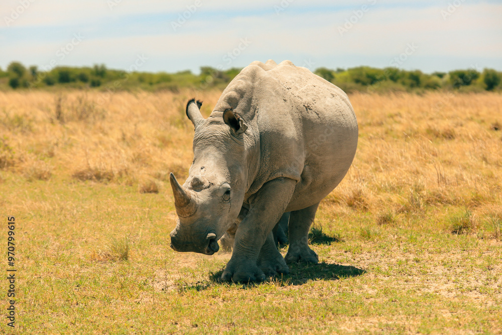 A rhinoceros walking through the golden grasslands of Botswana during a vibrant afternoon safari encounter A rhinoceros walking through the golden grasslands of Botswana during a vibrant afternoon safari encounter