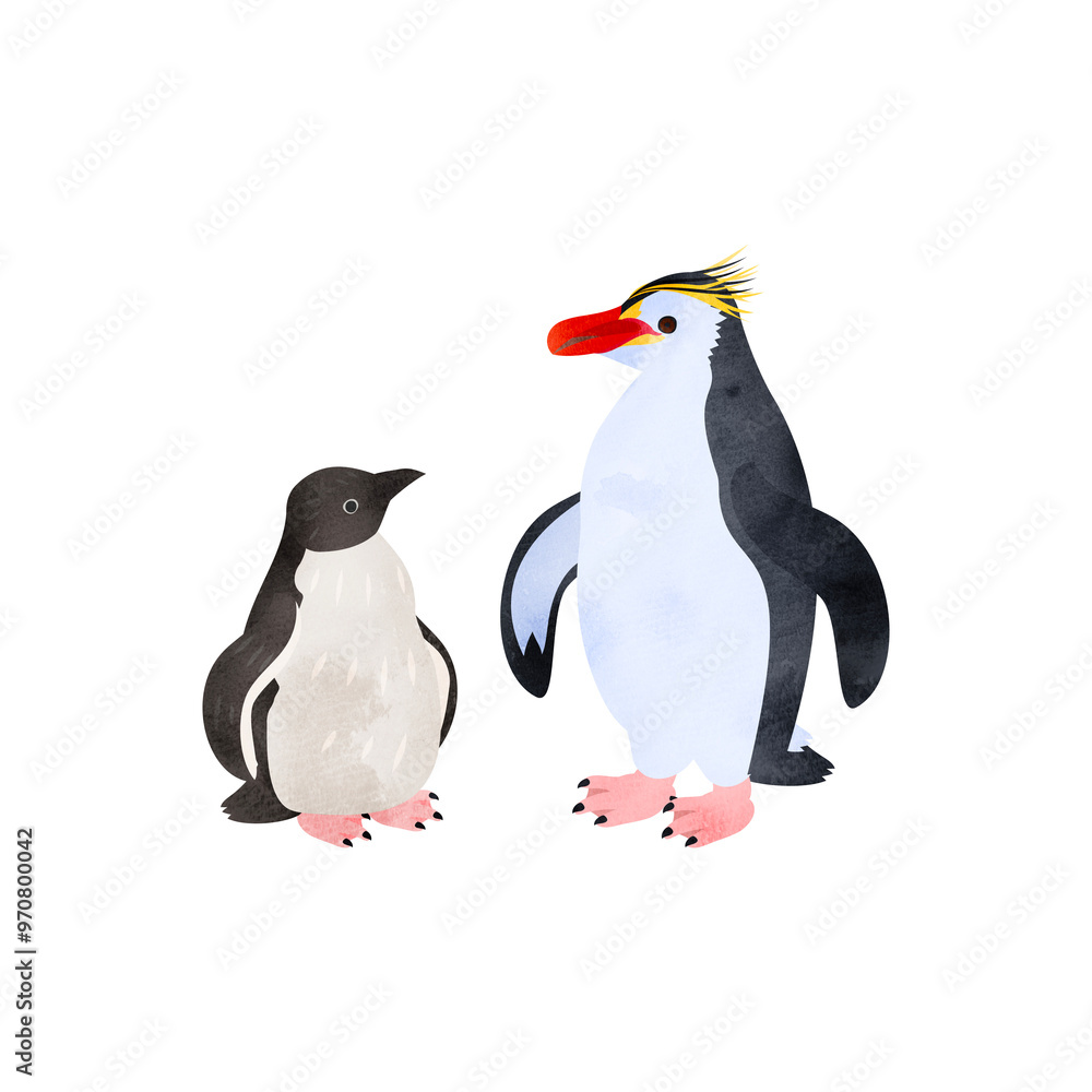 Obraz premium ロイヤルペンギンの雛と成鳥。水彩風イラスト。 Royal penguin chick and adult. Watercolor style illustration.