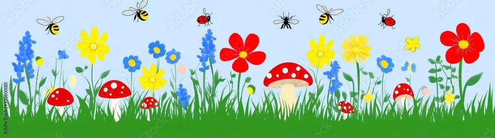 Fototapeta premium A panorama of colorful flowers, mushrooms, bees, and butterflies.