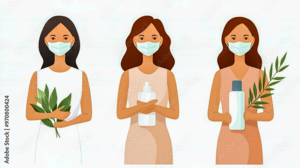 Wellness and Protection: Woman with Mask and Hygiene Products Illustration Wellness and Protection: Woman with Mask and Hygiene Products Illustration