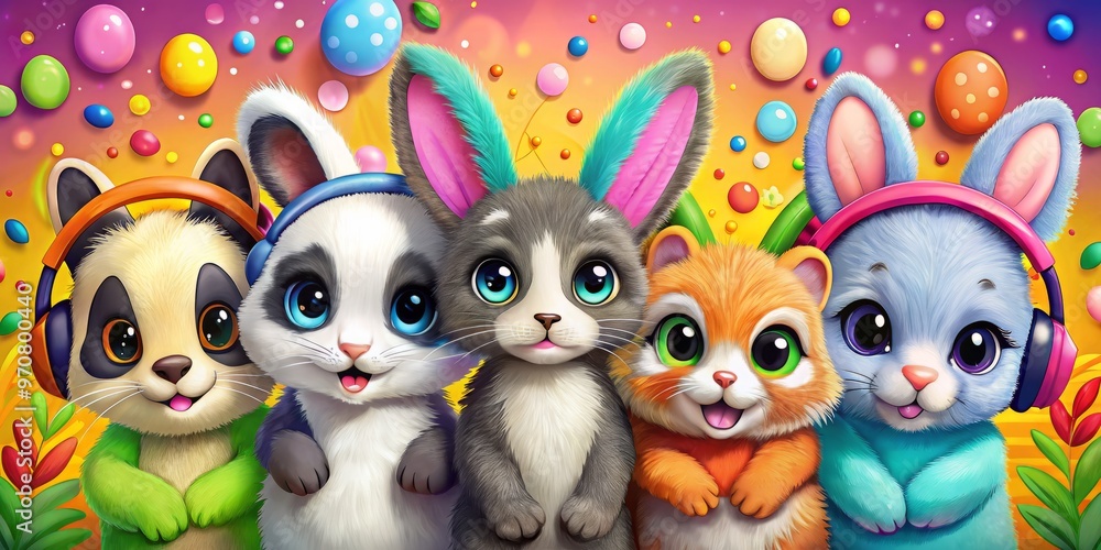 Fototapeta premium Adorable cartoon animals, featuring fluffy rabbits, cute kittens, and adorable pandas, come to life with colorful