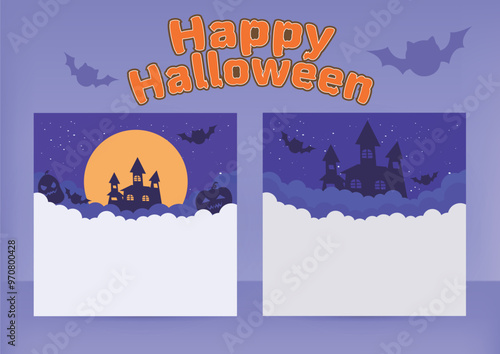 Halloween layout template set. Eerie sky and castle.