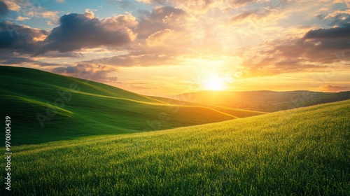 Green spring hills with young grass and amazing growing fields and hills with beautiful bright cloudy sunset on background of rural landscape