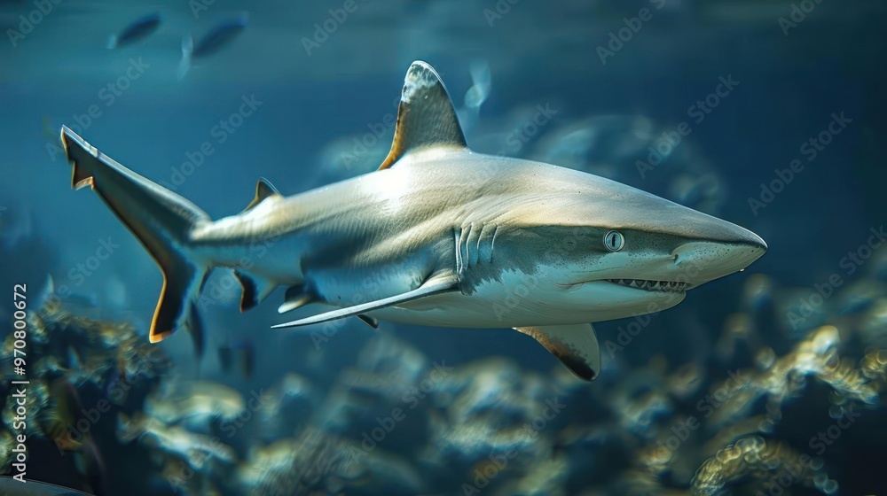 Fototapeta premium A great white shark in the ocean, surrounded by smaller fish.