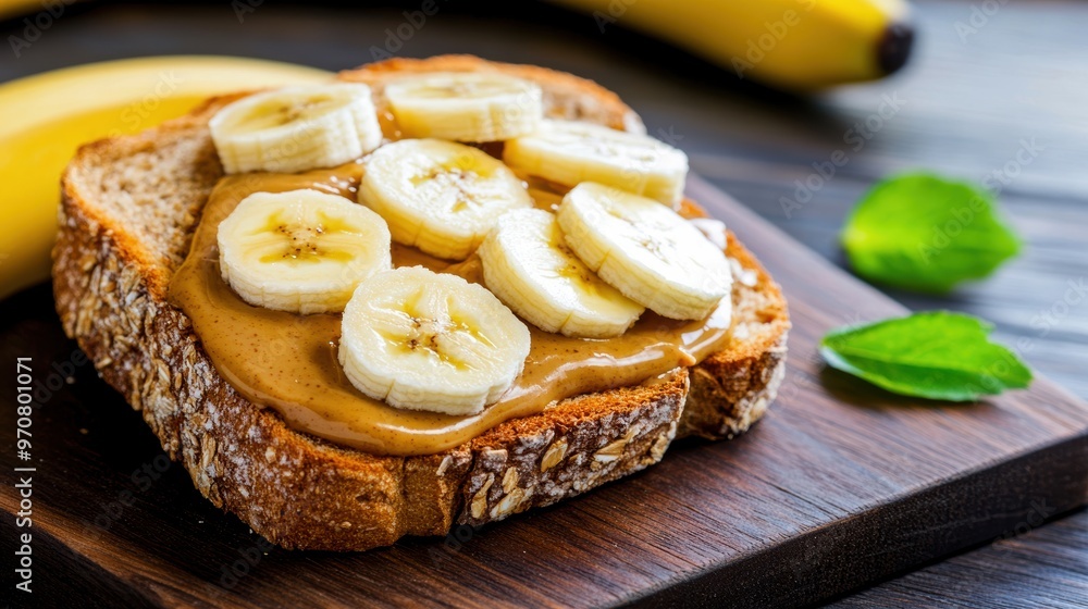 Delicious toast topped with peanut butter and banana slices, perfect for a healthy breakfast or snack on a wooden board. Delicious toast topped with peanut butter and banana slices, perfect for a healthy breakfast or snack on a wooden board.