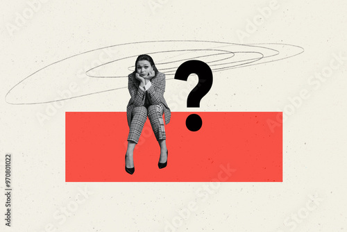 Obraz na płótnie Composite photo collage of minded girl wear plaid suit question mark decision he