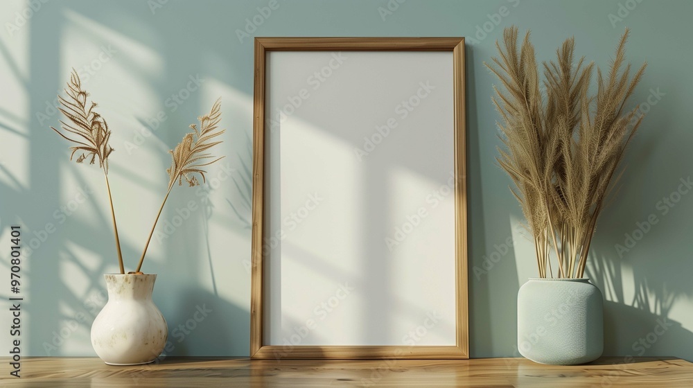 Fluffy dries flowers and picture mockup on wooden shelf. Painting template with thin frame and plants advertising image. Poster mock up in room interior product photorealistic Fluffy dries flowers and picture mockup on wooden shelf. Painting template with thin frame and plants advertising image. Poster mock up in room interior product photorealistic