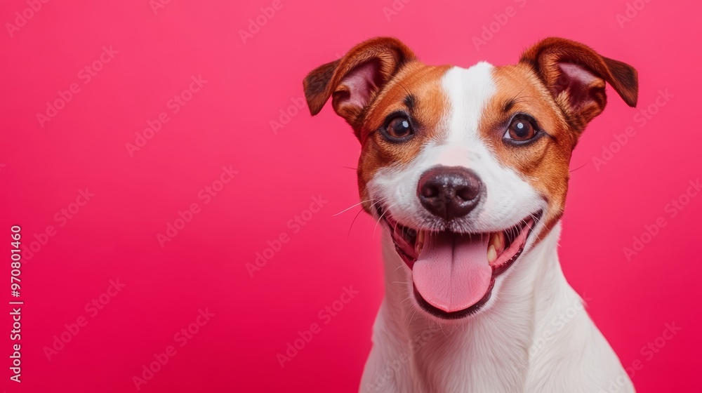 Smiling dog with happy expression face Isolated on magenta hot pink background Smiling dog with happy expression face Isolated on magenta hot pink background