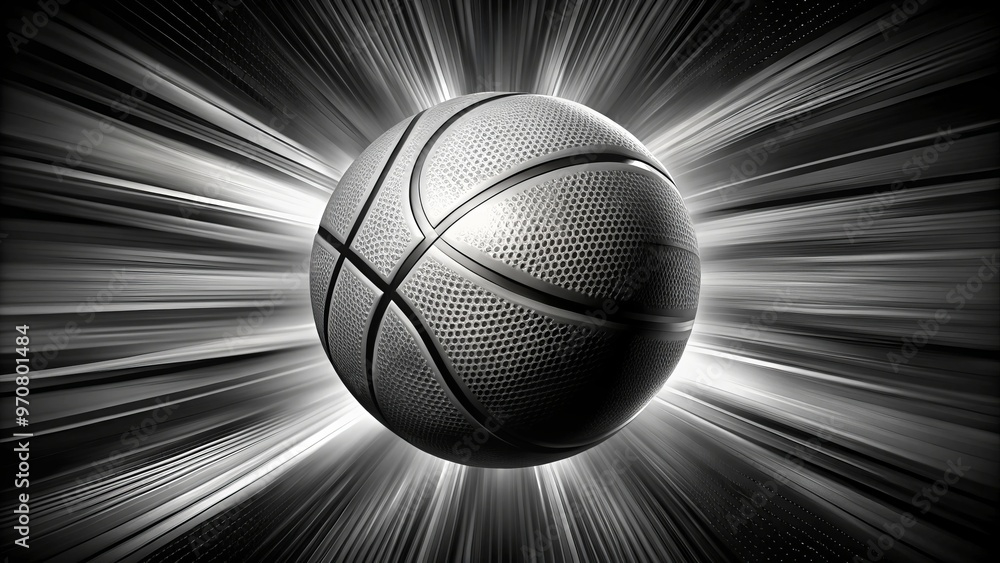 A dynamic basketball zooms through the frame, its white panels and black seams smeared by a trail of