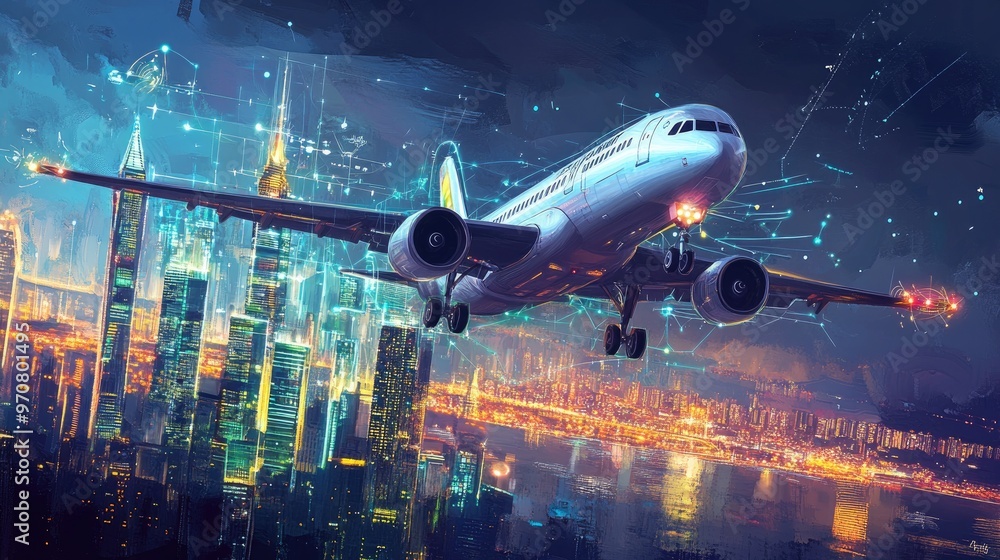 An airplane taking off over a city at night with a futuristic, digital, network overlay. An airplane taking off over a city at night with a futuristic, digital, network overlay.