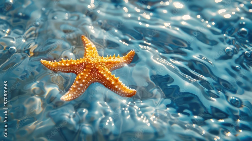 A starfish resting on a sandy ocean floor, surrounded by water. A starfish resting on a sandy ocean floor, surrounded by water.