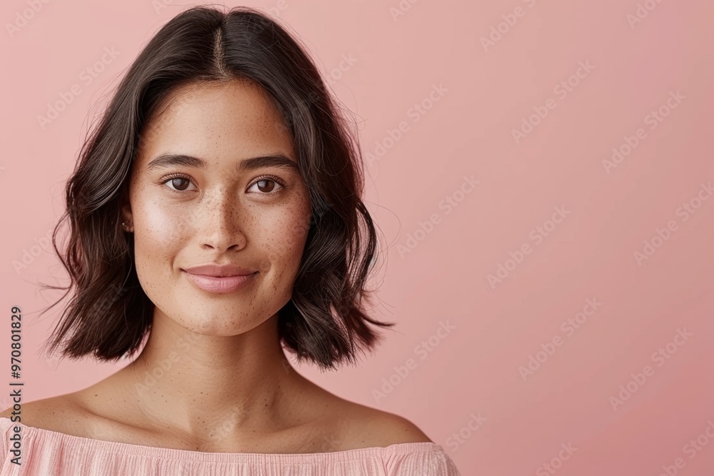 Radiant Young Woman with Short Hair Poses on Pink Background Radiant Young Woman with Short Hair Poses on Pink Background