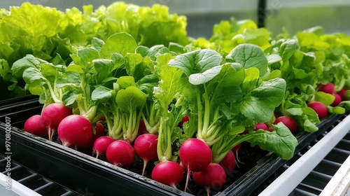 A display of colorful radishes (Raphanus sativus) with their bright red bulbs and green leaves photo