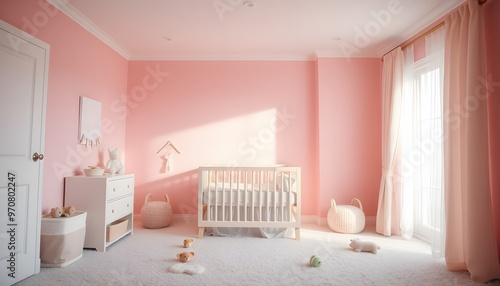 Pink Nursery Interior with Crib, Plush Toys, and White Curtains