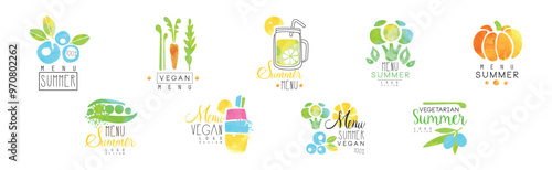 Vegan Summer Menu Bright Logo Design Vector Set
