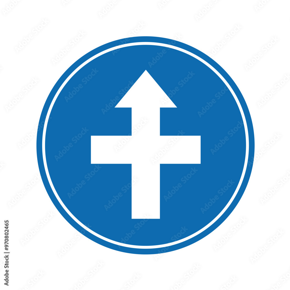 Obraz premium road sign icon, crossroad ahead, side roads to right and left onblue round board.suitable for poster use and web icon