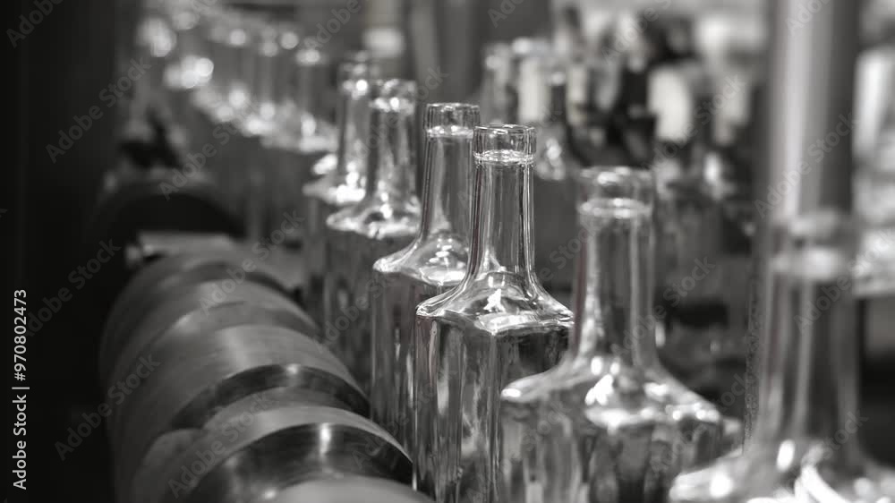 Technological line for bottling drinks at the plant. Empty rectangular glass bottles move along a conveyor belt. Line for bottling drinks, water and lemonades at the plant. Beverage production plant. Technological line for bottling drinks at the plant. Empty rectangular glass bottles move along a conveyor belt. Line for bottling drinks, water and lemonades at the plant. Beverage production plant.