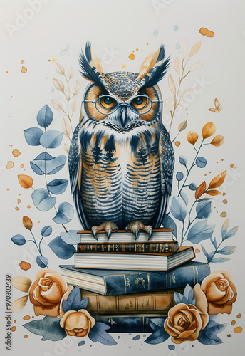 Watercolor owl sitting on a stack of books among flowers. Whimsical bird with glasses. photo