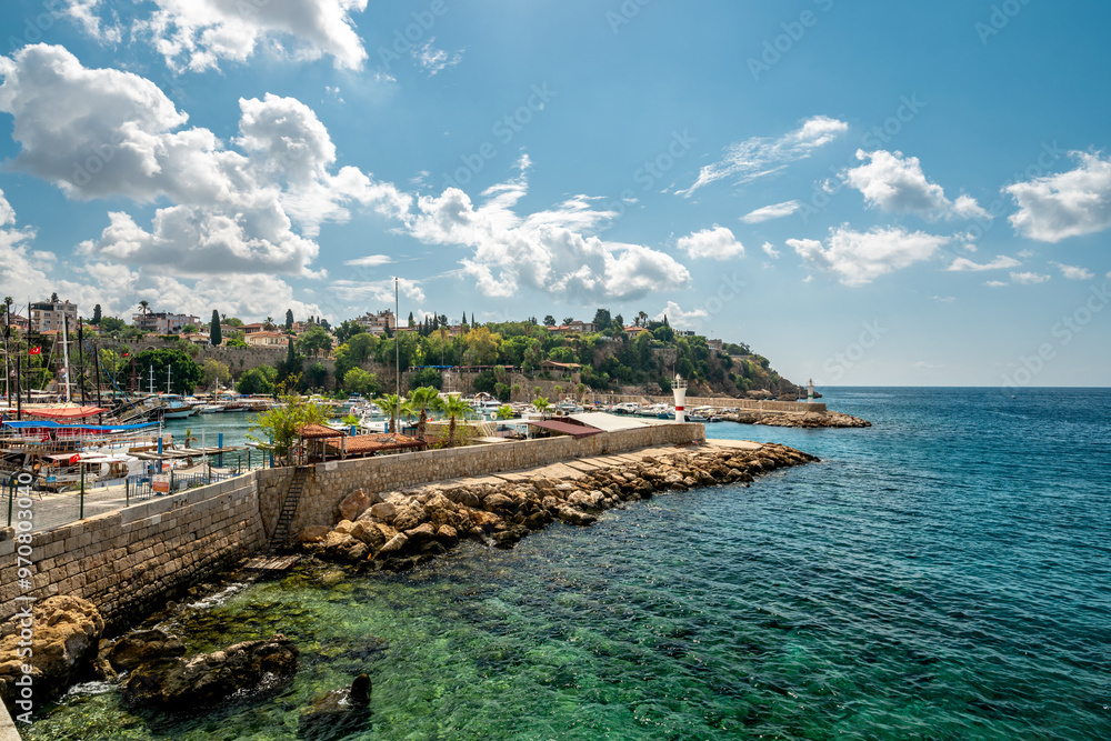 Naklejka premium View of the Old Town Antalya Marina and tour boats in Kaleici