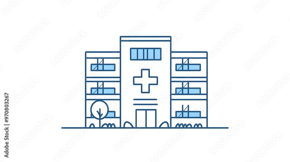 Outline Illustration of a Hospital Building with a Cross Symbol Outline Illustration of a Hospital Building with a Cross Symbol