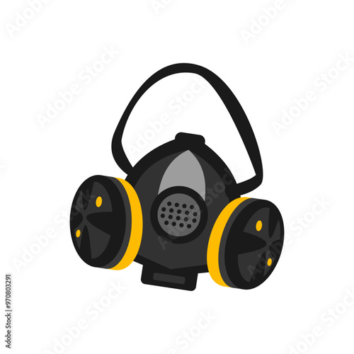 Black respirator mask illustration with yellow filters for industrial, construction, or healthcare settings, provides protection against dust, fumes, and particles photo