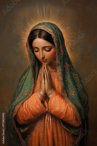 Painting of Our Lady of Guadalupe, with joined hands, on gray background.