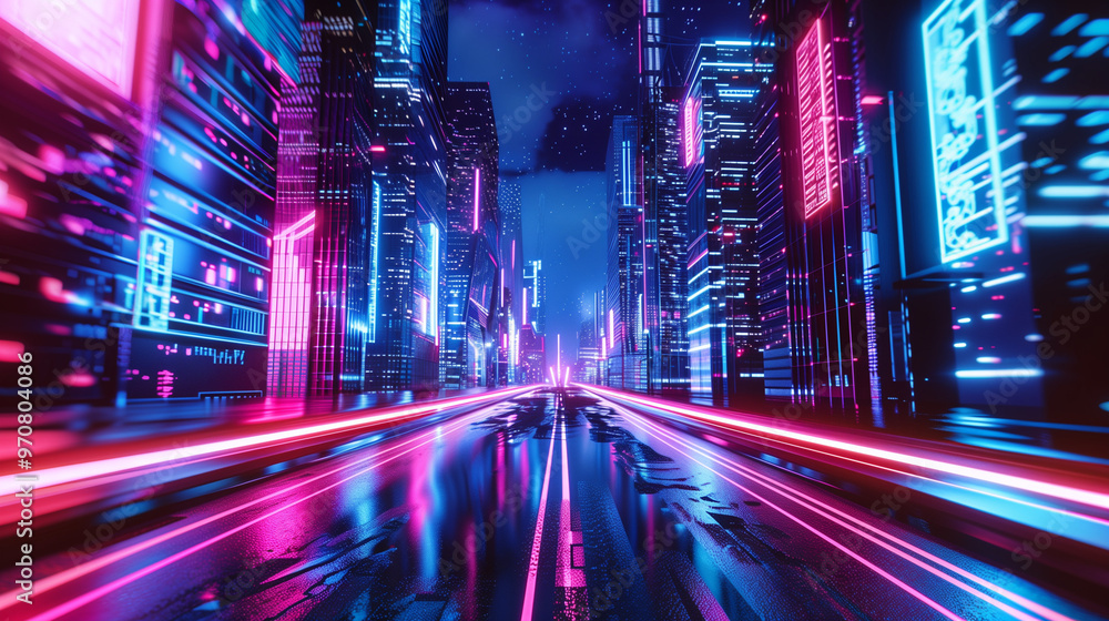 Futuristic Cityscape at Night with Neon Lights and Holographic Ads, Captured with Wide-Angle Lens and Cool Color Palette for Mystery and Intrigue Futuristic Cityscape at Night with Neon Lights and Holographic Ads, Captured with Wide-Angle Lens and Cool Color Palette for Mystery and Intrigue