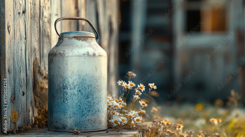Rustic Charm: Close-up of Fresh Milk Canister on Farmhouse Porch with Rural Background Rustic Charm: Close-up of Fresh Milk Canister on Farmhouse Porch with Rural Background
