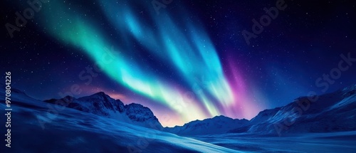 Stunning aurora borealis over snow-covered mountains, illuminating the night sky with vibrant colors and enchanting beauty.