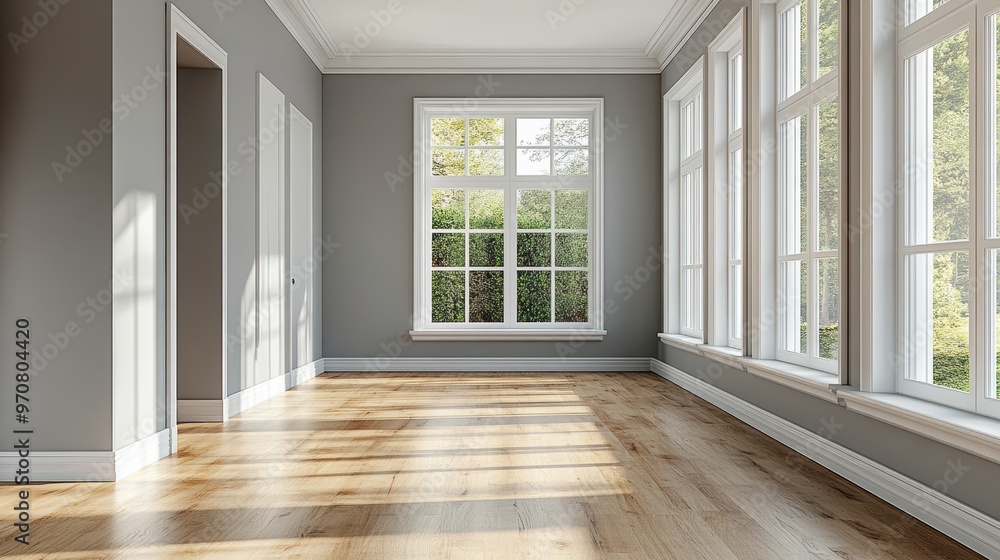 Serene Minimalist Empty Room with Gray Walls and Light Wooden Floors for Copy Space Serene Minimalist Empty Room with Gray Walls and Light Wooden Floors for Copy Space