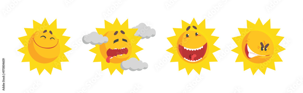 Funny Sun Character with Rays and Face Emotion Vector Set Funny Sun Character with Rays and Face Emotion Vector Set