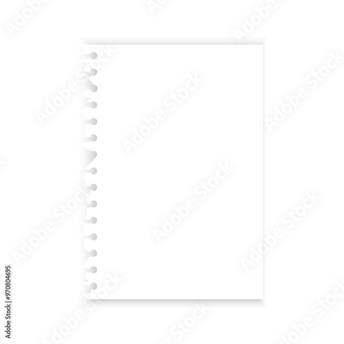 Torn notebook page. Spiral binding edge. Blank white paper. Vector illustration.
