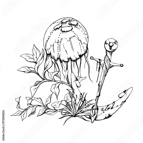 Jellyfish with anchor algae Marine life, sea ocean underwater creatures animal, Ink and pen sketch hand drawn. Composition illustration, stylized isolated on white. Shop, aquarium, cosmetics, resort