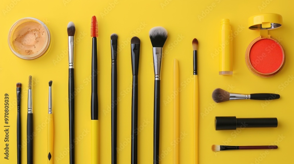 makeup tools on a yellow background makeup tools on a yellow background