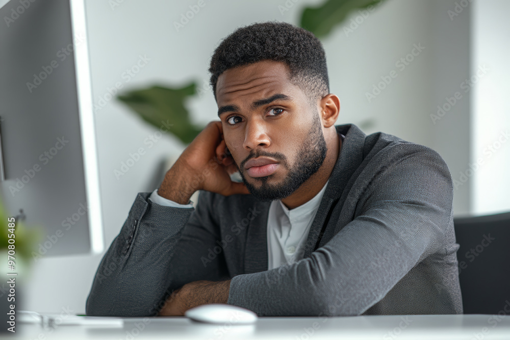 Naklejka premium A photo of an office worker looking at the camera with a serious and pensive facial expression, sitting in front of a desk with computer and screen. He has short, curly hair and beard.