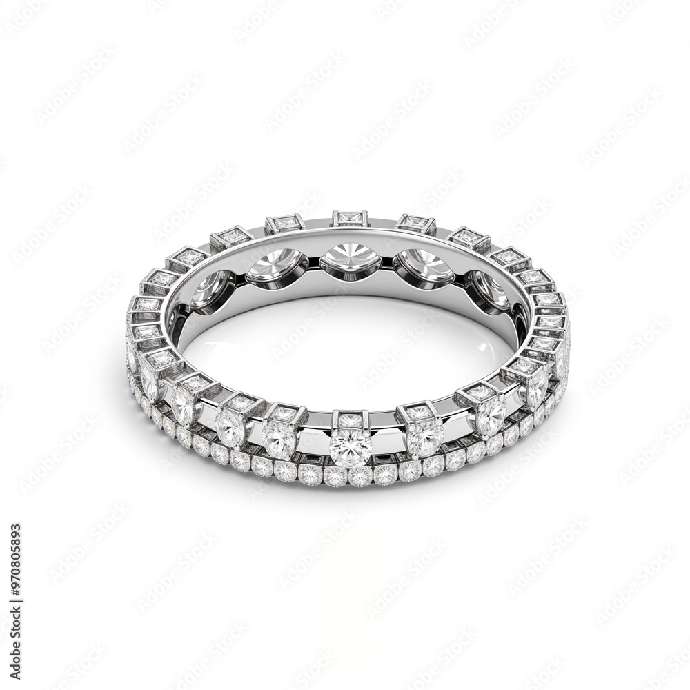 Silver ring with diamonds on white background. Wedding ring . Jewelry Silver ring with diamonds on white background. Wedding ring . Jewelry