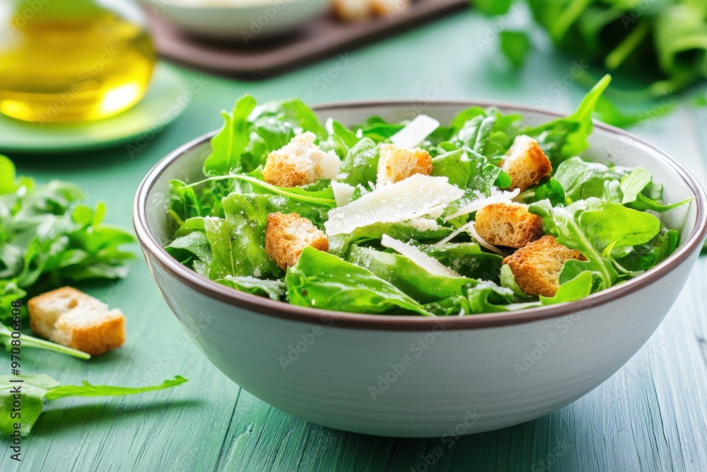 Fresh arugula salad with croutons and cheese in a bowl, perfect for healthy dining and vibrant meals. Fresh arugula salad with croutons and cheese in a bowl, perfect for healthy dining and vibrant meals.