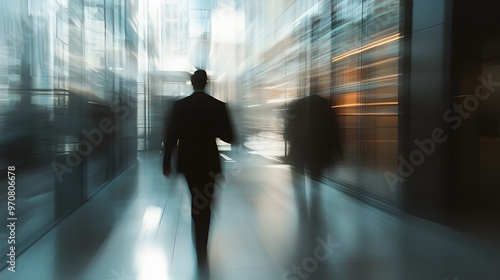 A Silhouette of a Businessman Walking Through a Modern Office Building With Blurred Motion