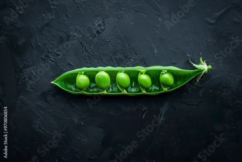 Fresh green peas in open pod on dark background  
 photo